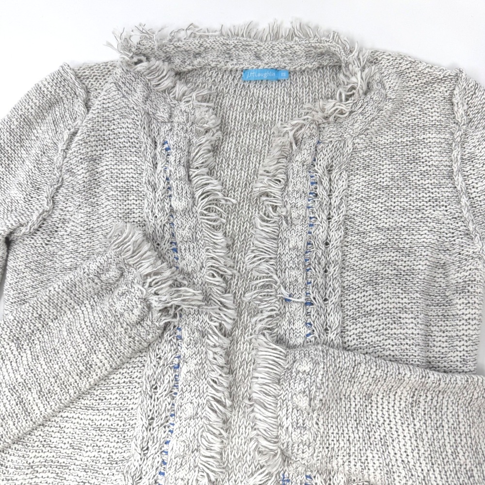 J.McLaughlin Womens XS Gray White Marled Fringe Open Front Cardigan Sweater